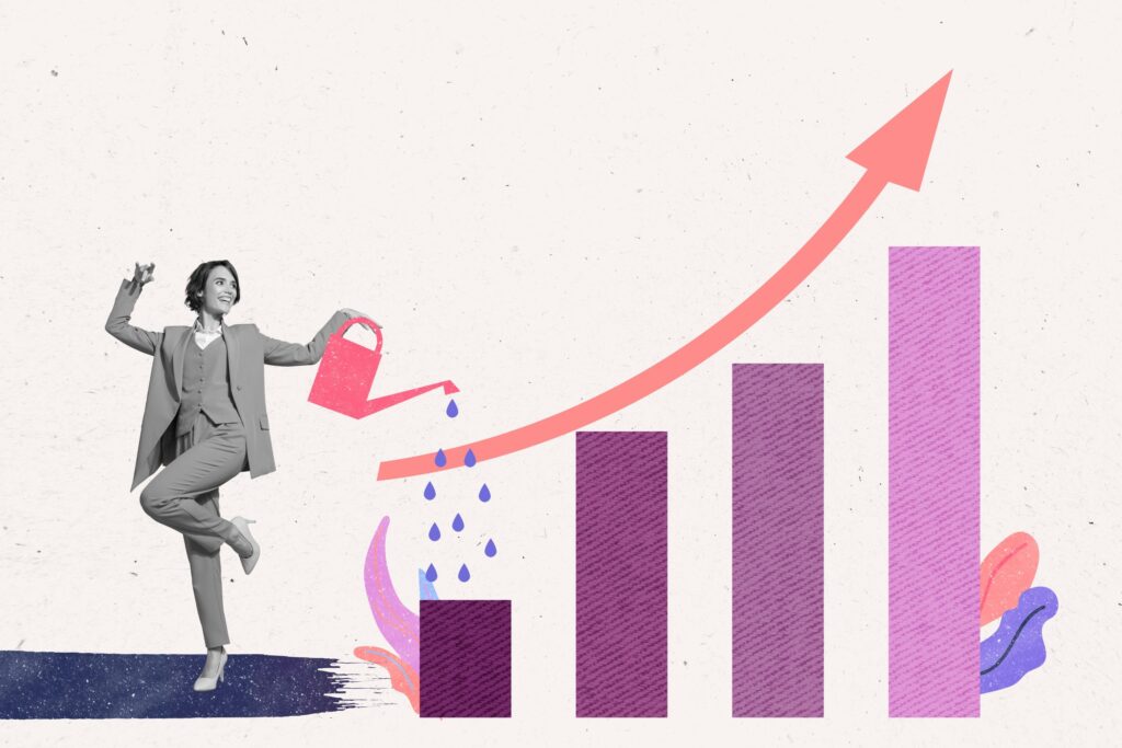 Symbolisch: Frau gießst Balkendiadramm mit Wasser.